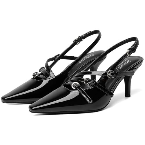 Susanny Black Slingback Kitten Heels for Women Closed Pointed Toe Strappy Dress Pumps Comfortable Stiletto Low Heels Sexy Buckle Strap Dressy Slip On Shoes for Wedding Bridal Party Work 9 | Amazon (US)