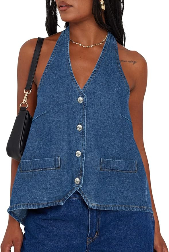 Tankaneo Womens Halter Denim Vest Tops Summer Open Back Y2K Going Out Tank Tops V Neck Button Dow... | Amazon (US)