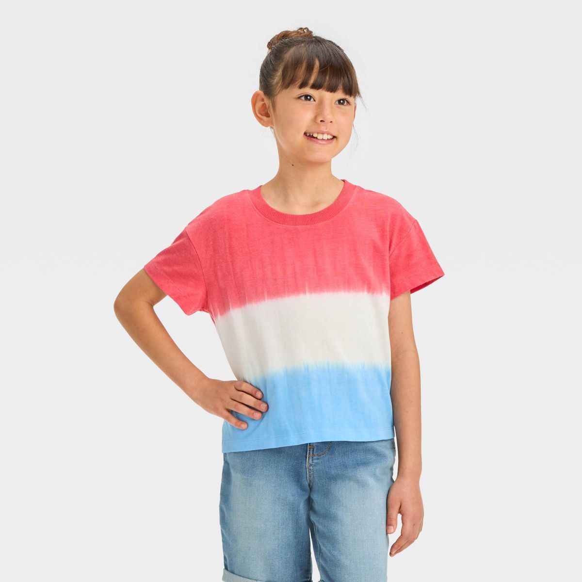 Girls' Short Sleeve Tie-Dye Boxy T-Shirt - Cat & Jack™ Red/White/Blue XS | Target