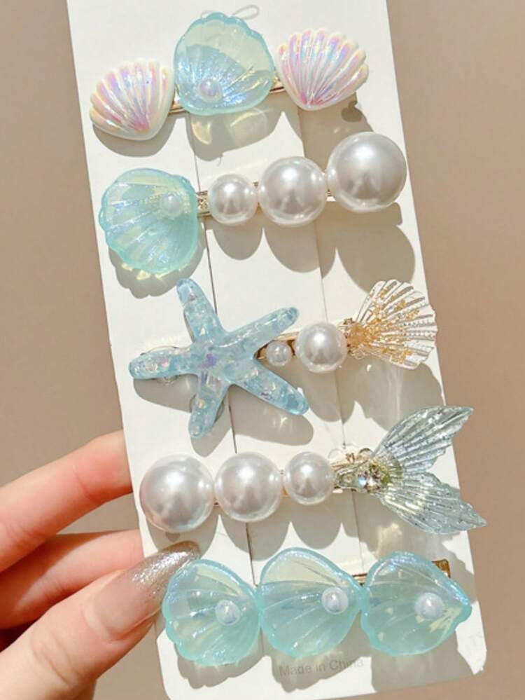 5pcs Women Blue Starfish & Seashell Mermaid Tail Hair Clips, Ocean Theme Hair Accessories Suitable For Daily Use ,Flat Claw Clip, Alligator Hair Clip, Hair Slide, Hair Claws, Hair Extension, Hair Piece, Head Accessories, Hairpin | SHEIN