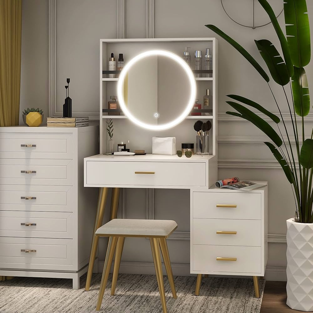 NeuType Vanity Desk with Mirror and Lights, Makeup Vanity with 4 Drawers, Vanity Mirror with Ligh... | Amazon (US)