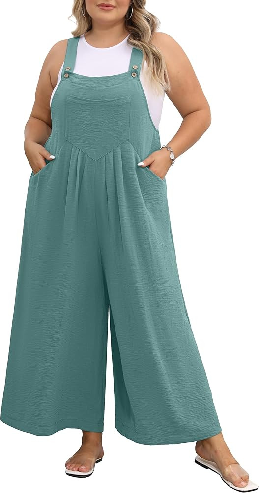 OLRIK Plus Size Jumpsuit for Women Wide Leg Adjustable Straps Overalls Loose Fit Romper with Pock... | Amazon (US)