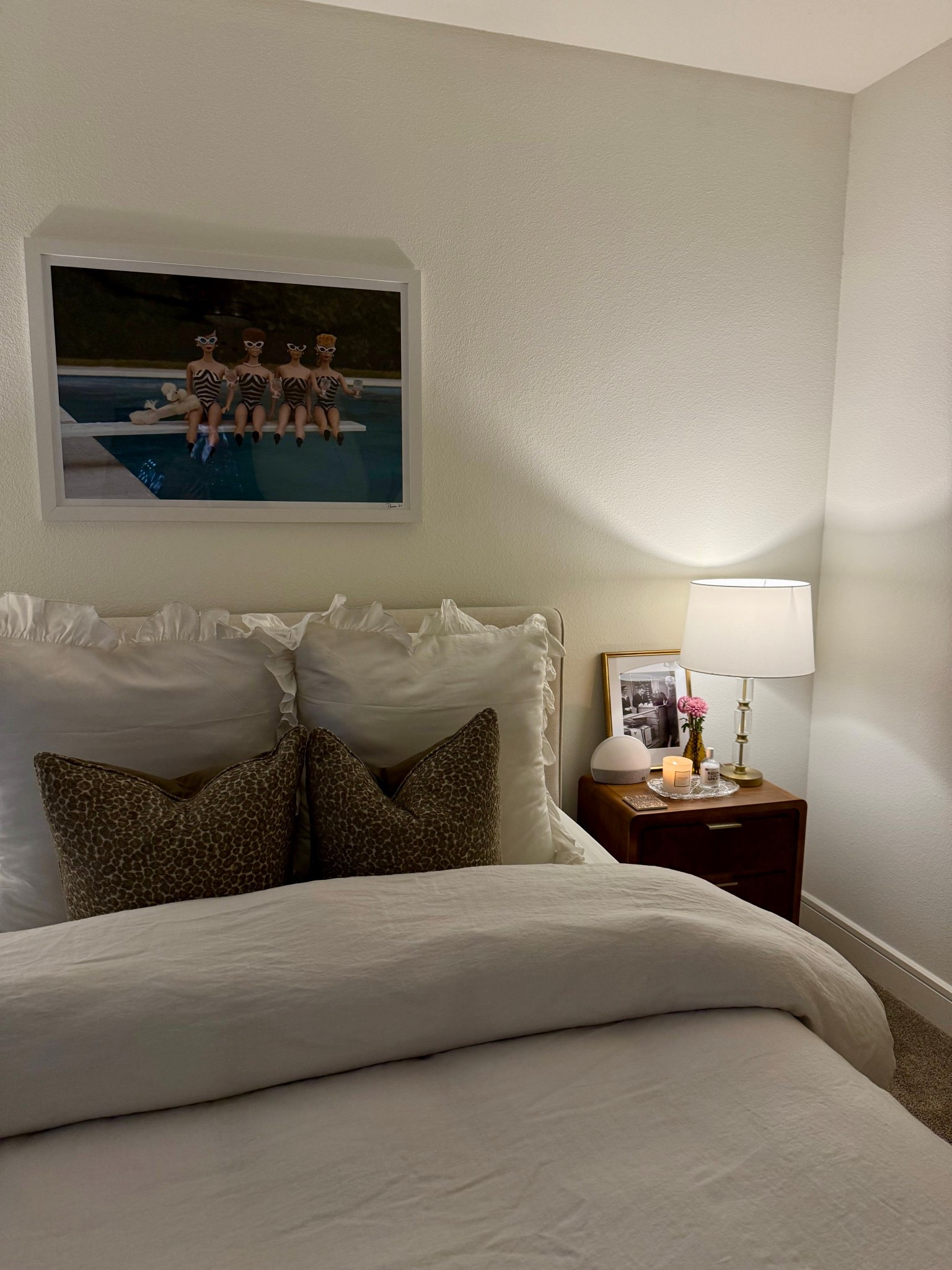 Print is Vintage Barbie & Ken, leopard pillows are old Target, lamps are FB marketplace, dresser & bed are living spaces! 