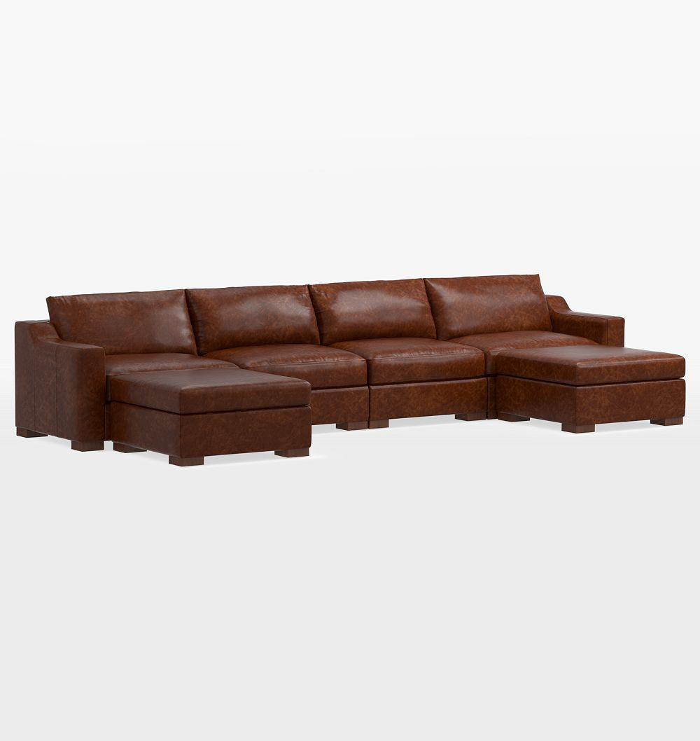 Sublimity Leather 6-Piece Double Ottoman Sectional Sofa, Studio - Mont Blanc Leather Bourbon | Rejuvenation