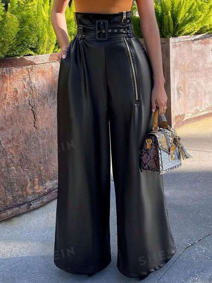 SHEIN Lady Loose Wide Leg Pants With Zippered Slanted Pockets | SHEIN
