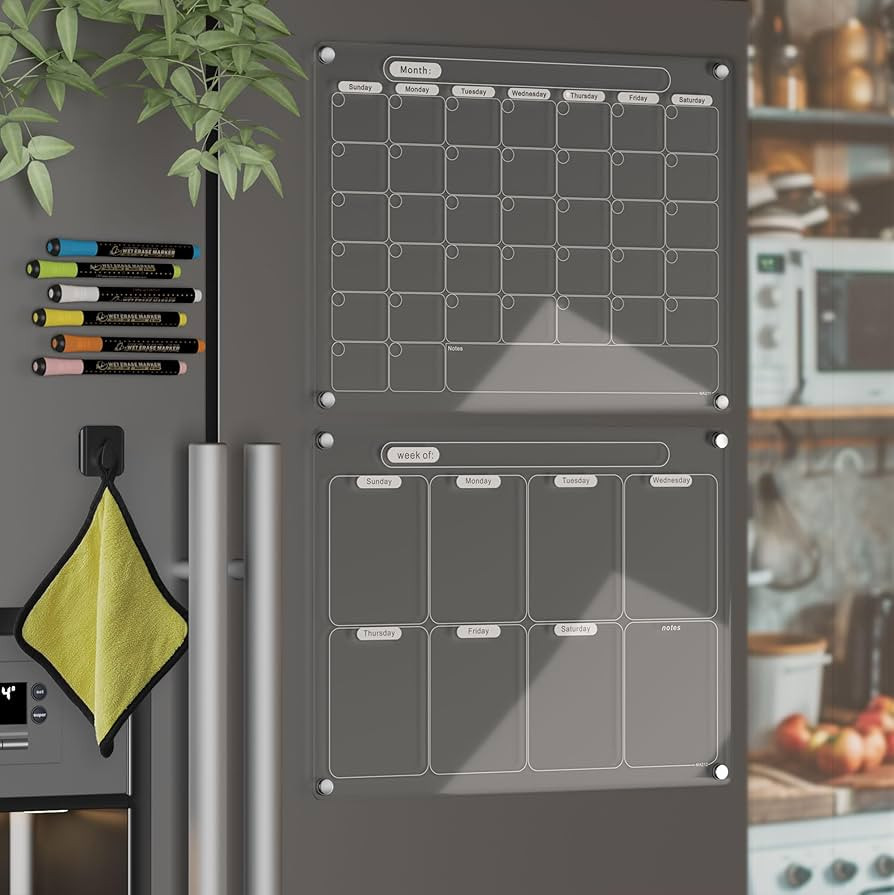 Acrylic Magnetic Calendar for Fridge, Set of 2 Clear Dry Erase Calendar Reusable White Planning B... | Amazon (US)