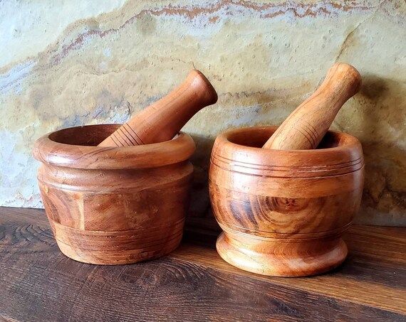 Large Rustic Solid Acacia Hand Turned Mortar & Pestle 2 Shapes - Etsy | Etsy (US)