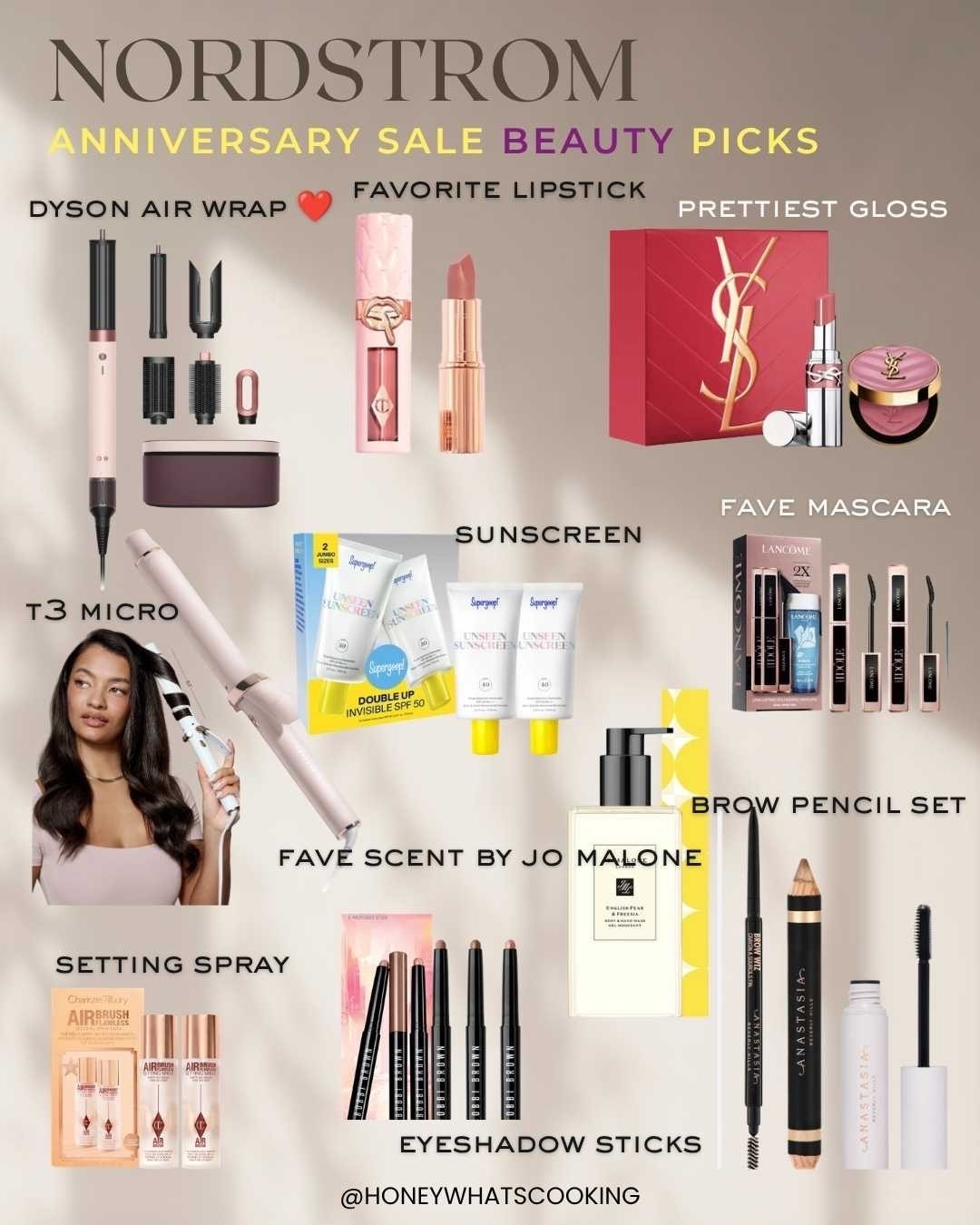 Nordstrom anniversary sale is happening now and there’s no code needed. Here are my favorite Beauty picks from the sale.

The Dyson air wrap is amazing. I love it and it’s made my Blowout so much easier and it speeds up the process and I have thick course curly hair.

I love the T3 micro, which is good for adding smooth curls to your hair. I use it when I’m going all out.

My favorite lipstick by Charlotte Tilbury pillow talk is on sale with the gloss. 
I also love the YSL lip, gloss and blush such a perfect duo.

Other favorites include the supergoop sunscreen, Anastasia Beverly Hills brow pencil, Lancôme mascara, Bobbi Brown, eyeshadow sticks, Charlotte Tilbury setting spray, and Jo Malone English Pear hand wash - smells so good.