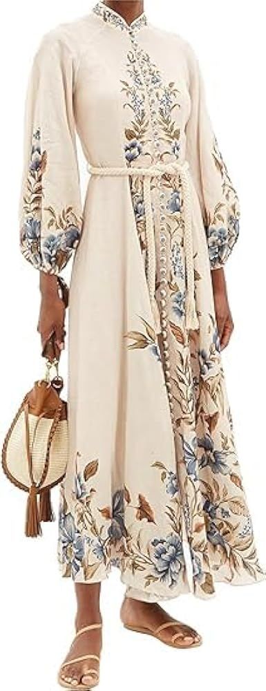 Bohemian Print Long Sleeve Dress for Women Midi Floral Tea Party Dress | Amazon (US)