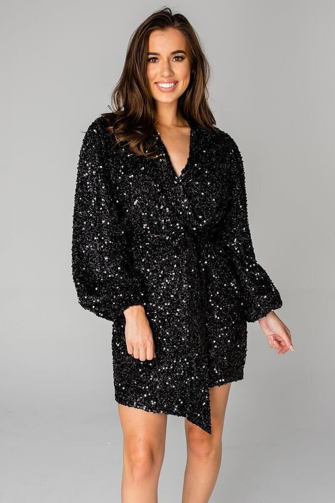 Adeline Black Sequin Wrap Dress | Confête