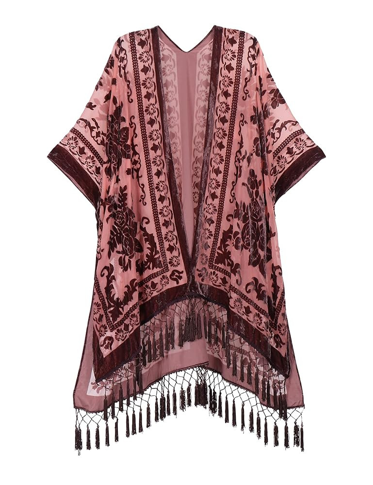 MJ SERECA Women's Burnout Velvet Kimono Long Cardigan Cover Up with Tassel | Amazon (US)