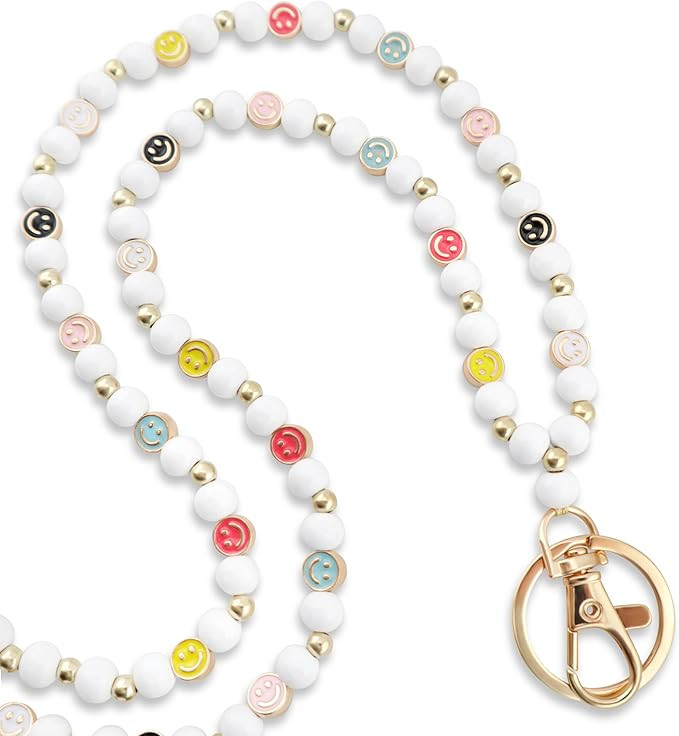 Smiley Teacher Lanyard for Women ID Badges and Keychain Cute Happy Wood and Metal Beads Lanyard f... | Amazon (US)