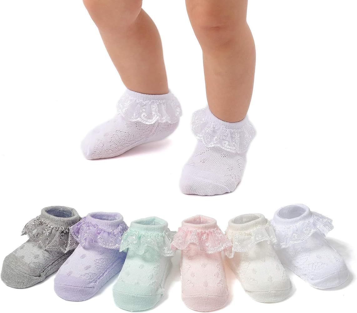 Baby Lace Socks Baby Girl Double/Eyelet Lace Ruffle Frilly Socks for Newborn Infant and toddlers ... | Amazon (US)