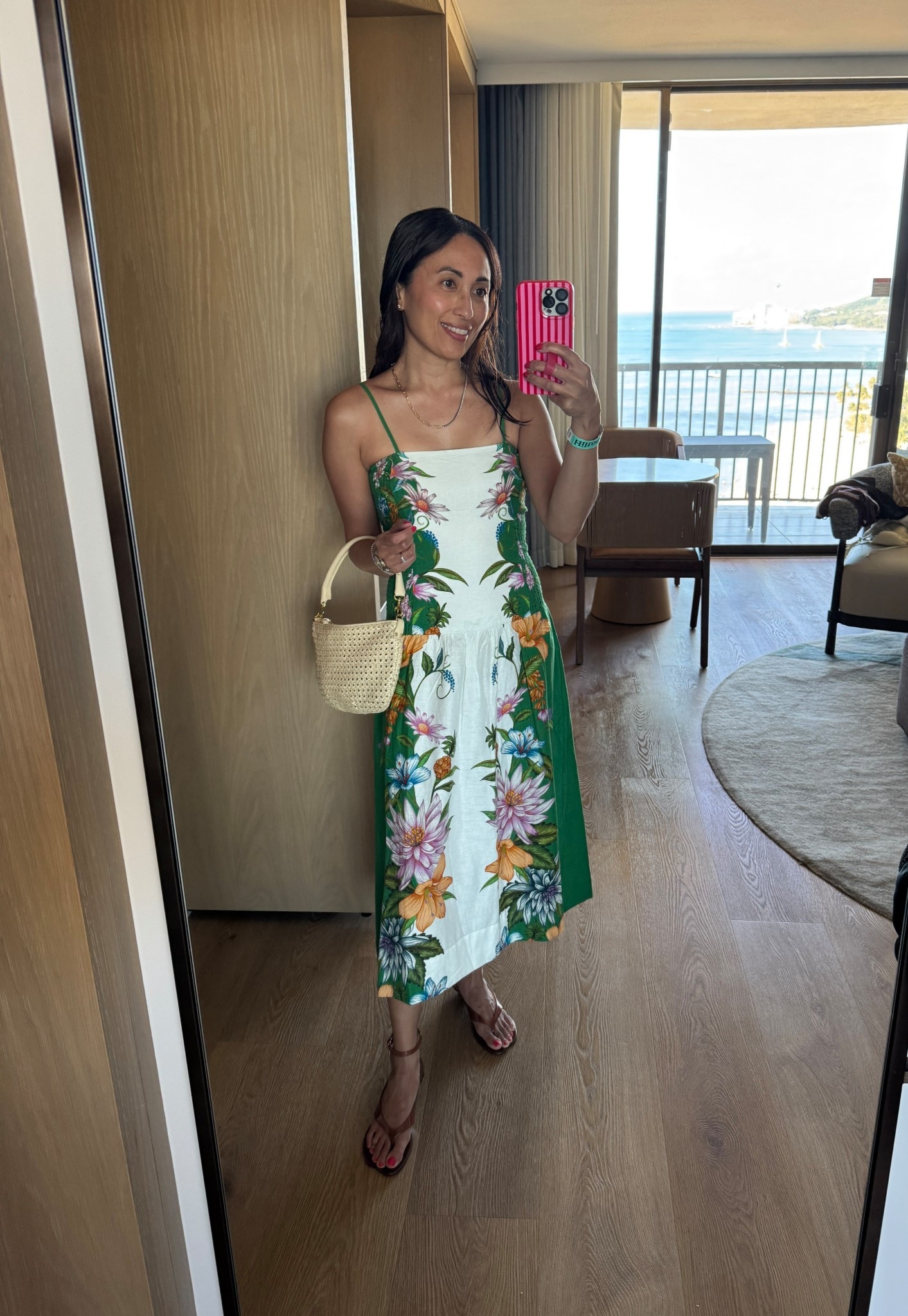 Vacation. Spring break. 
Sun dress. Vacation dress. 
I find a dropped waist dress flattering and makes me look taller. 
Linking a similar print in a mini dress option too. 
Woven bag. 
Designer inspired jelly shoes. 
Clean beauty blush and lipstick  

#LTKTravel #LTKOver40 #LTKootd