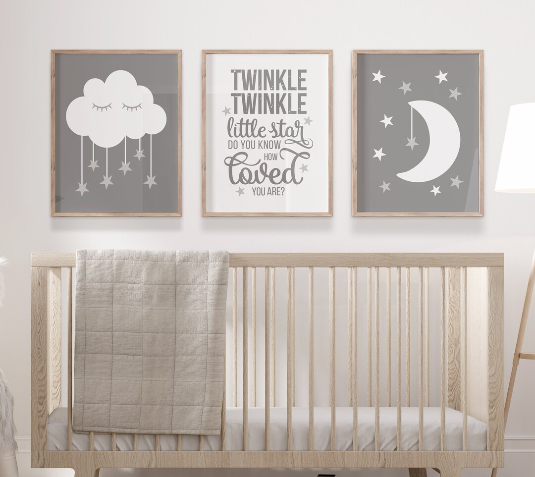 Moon Cloud Stars Nursery Decor, Gray Nursery Prints, Twinkle Twinkle Little Star Printable Wall A... | Etsy (US)