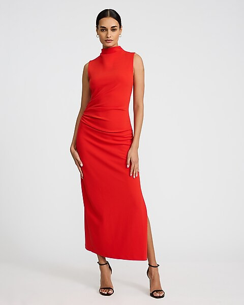 Crepe Mock Neck Sleeveless Ruched Maxi Sheath Dress | Express