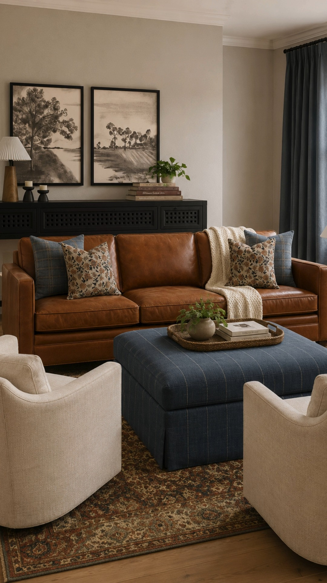I love living rooms that feel layered and comfortable without feeling overly formal, and this space has such a timeless cozy atmosphere. The rich leather seating, deep blue accents, vintage-inspired rug, and warm natural light create a room that feels welcoming from every angle.

cozy living room inspiration, warm leather sofa, transitional living room decor, collected neutral interiors, layered living room textures, vintage style rug, cozy family room decor, warm traditional interiors, designer inspired home, blue accent ottoman, timeless living room inspiration, warm cozy home, heritage inspired style, elegant neutral living room, collected home aesthetic, cozy seating area, ambient lighting decor, warm gathered interiors, classic cozy decor, layered traditional interiors 

 #LTKHome #LTKSaleAlert