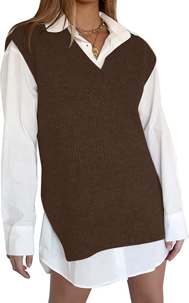 Cowasto Womens Oversized V Neck Sweater Vests Retro Solid Cute Sleeveless Sweater Pullover | Amazon (US)
