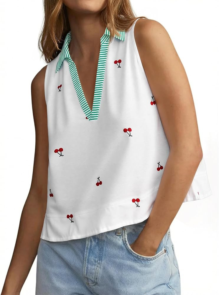 Tankaneo Womens Striped V Neck Tank Tops Summer Casual Collared Sleeveless Shirts Fruit Print Loo... | Amazon (US)
