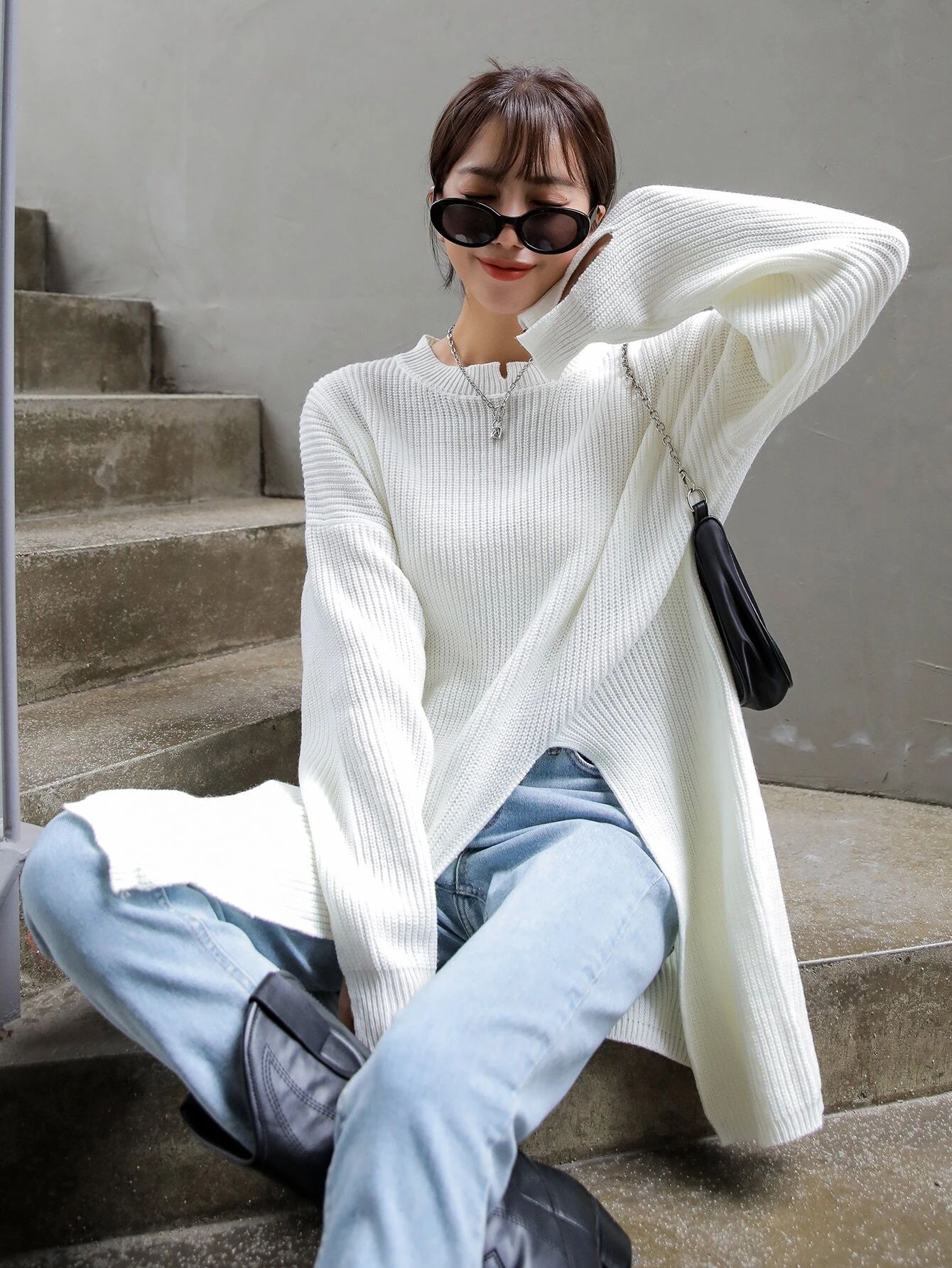 DAZY Solid Ribbed Knit Side Split Longline Sweater | SHEIN