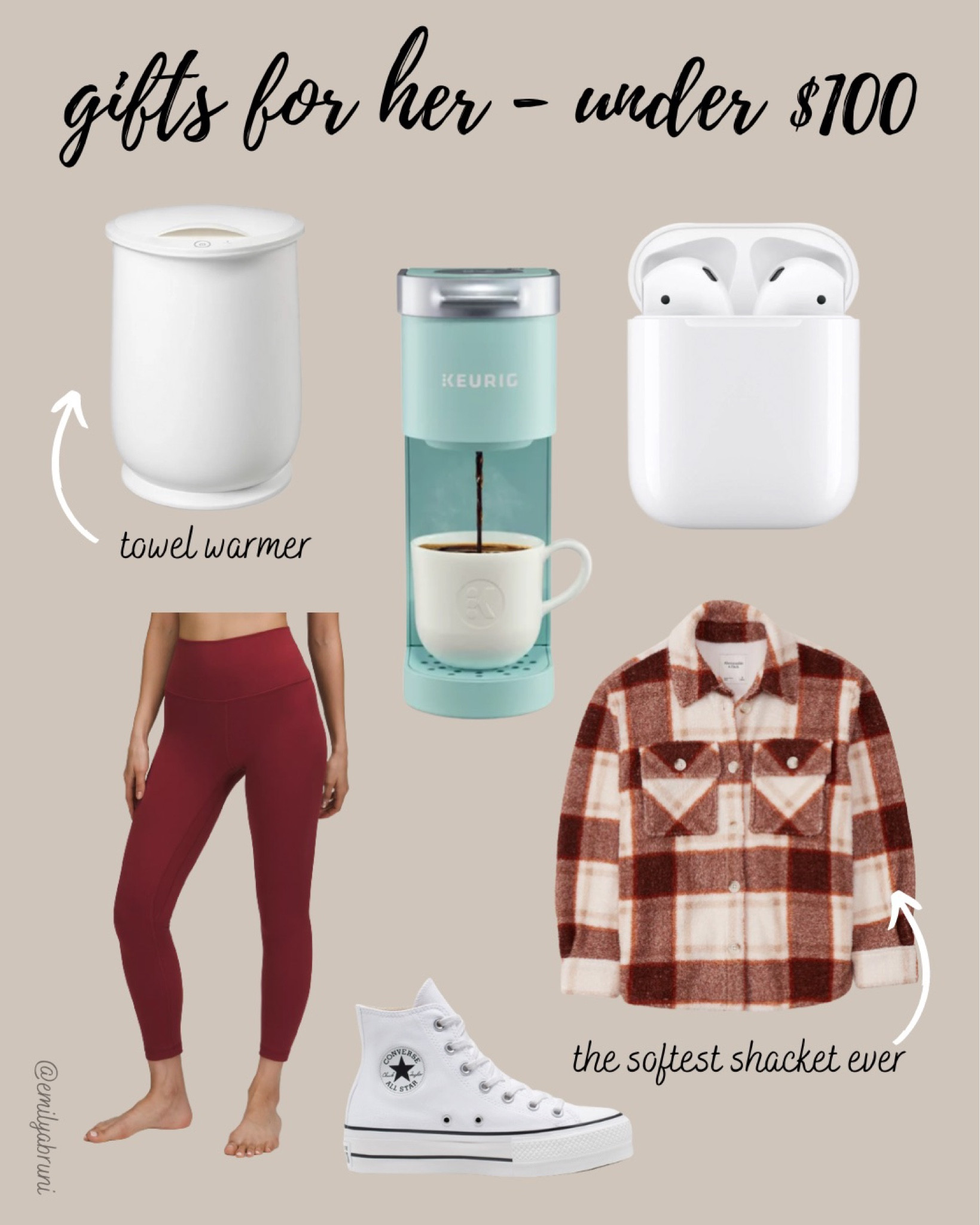 Gifts for her under $100!

- towel warmer
- keurig
- AirPods
- lululemon leggings
- platform converse
- Abercrombie shacket

#LTKGiftGuide #LTKsalealert #LTKCyberweek
