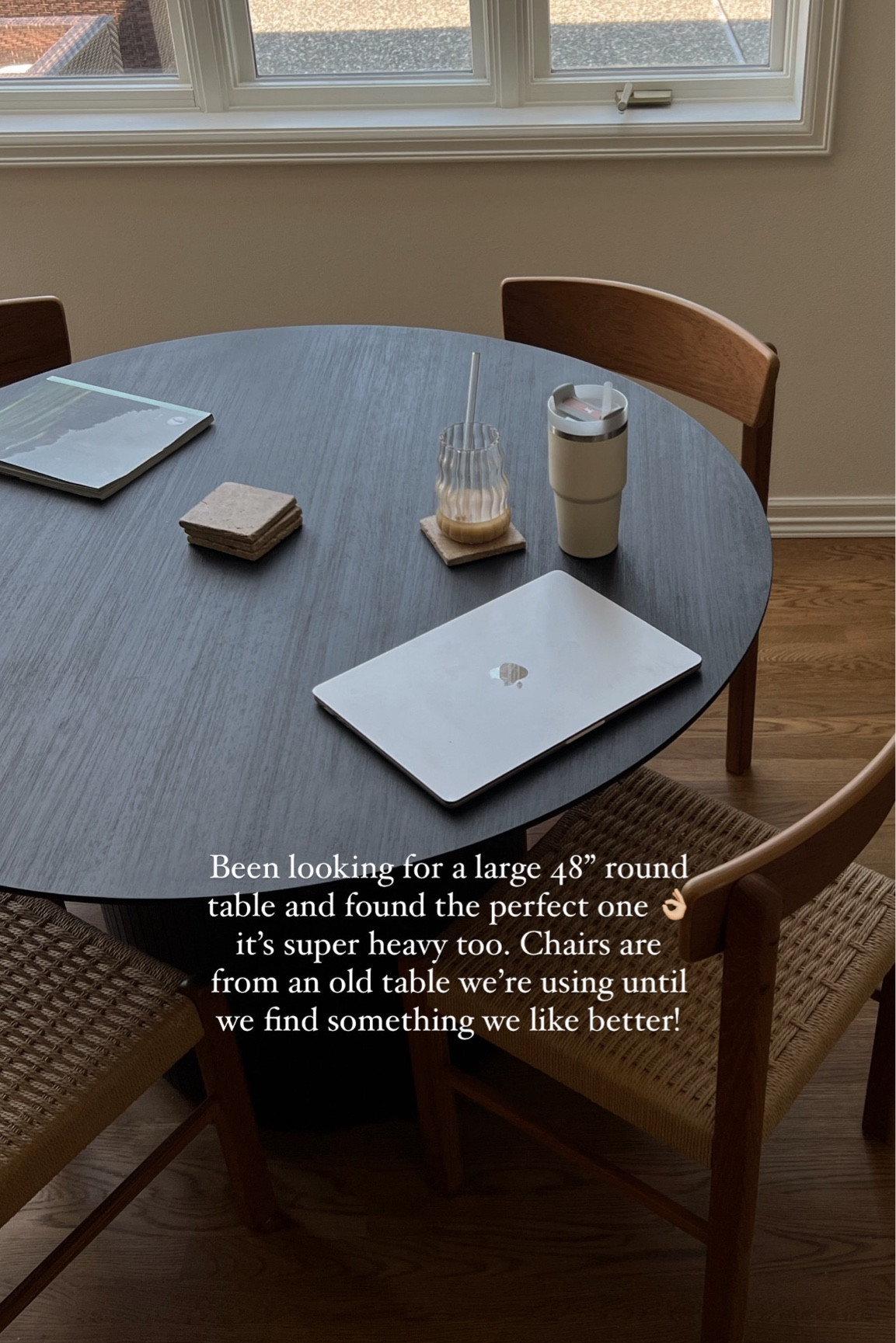 48” round wood black table it’s stunning and super heavy sturdy!! Linking chairs we have them in walnut but sold out so linked this color  

#LTKHome