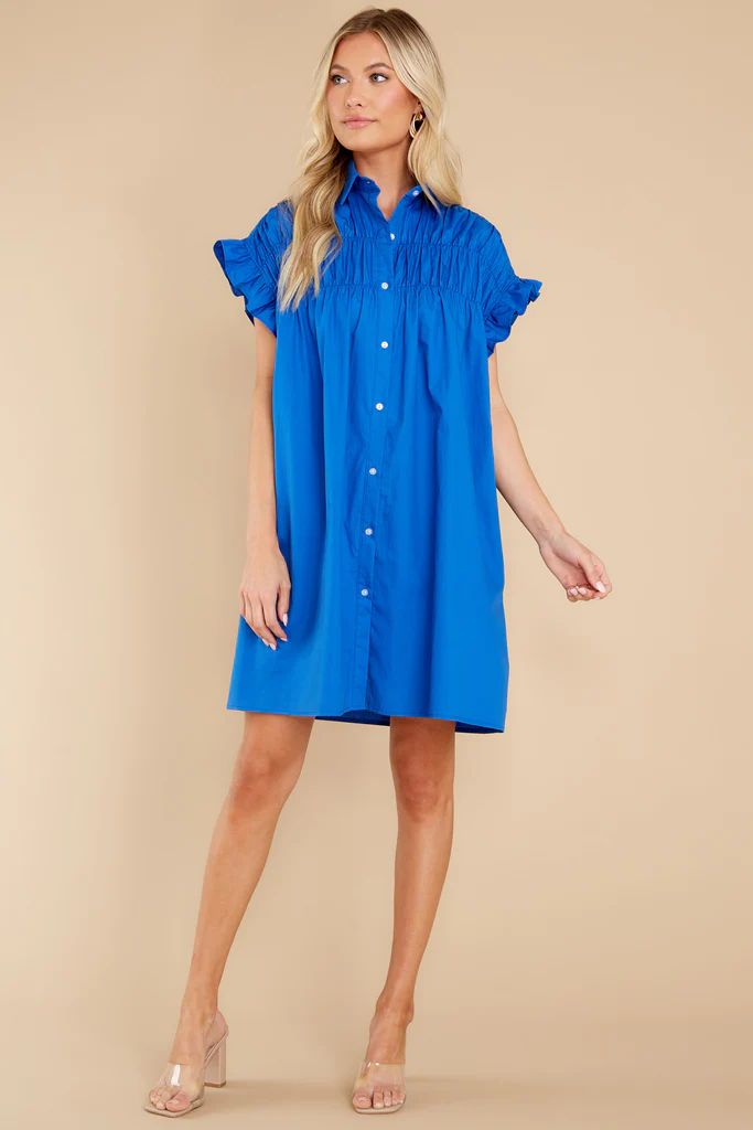 Caught Feelings Royal Blue Gathered Shirt Dress | Red Dress 