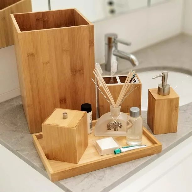 Premium 5 Piece Bamboo Bath Set. Brown Vanity Bathroom  Accessory Set with Waste Basket - Walmart... | Walmart (US)