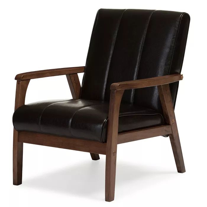 Nikko Mid - Century Modern Scandinavian Style Faux Leather Wooden Lounge Chair - Dark Brown - Bax... | Target