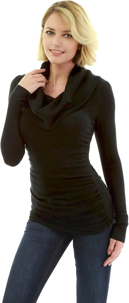AmélieBoutik Women Casual Slim Fit Cowl Neck Long Sleeve Ruched Sides Pullover Tunic Sweater | Amazon (US)
