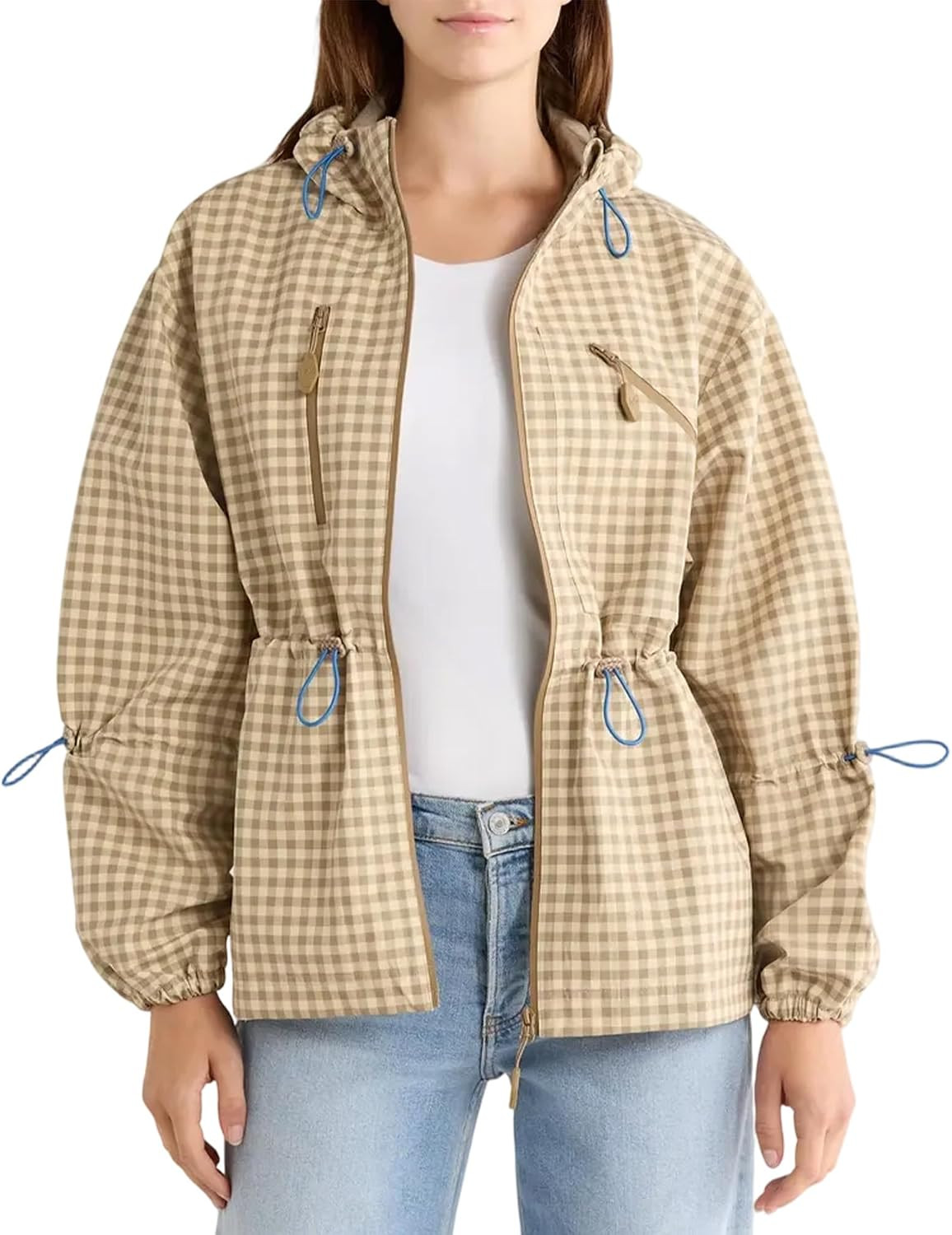 Colorful world Women Hooded Plaid Jacket Zip Up Drawstring Waist Outdoor Coat Lightweight Casual Outerwear with Pockets | Amazon (US)