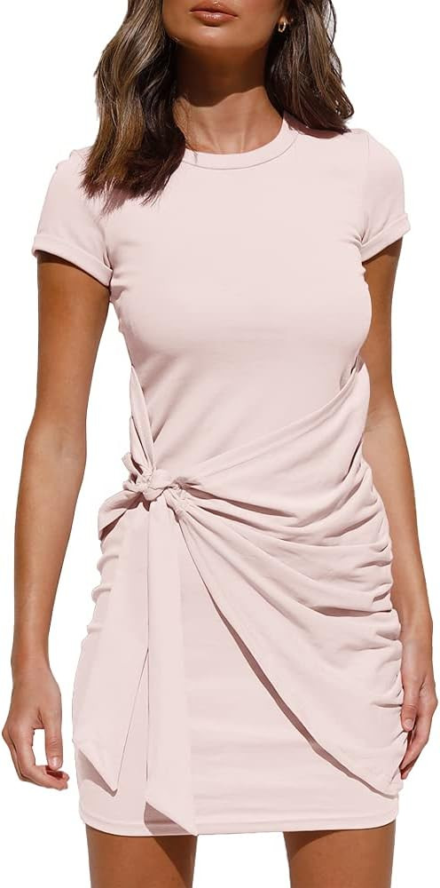 LILLUSORY Women's Summer T Shirt Dress Casual Short Sleeve Wrap Bodycon Ruched Tie Waist Mini Dresse | Amazon (US)