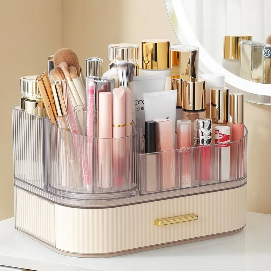 Delamu Rotating Makeup Organizer countertop, Brush Holder for Vanity, White     Stackable Drawer ... | Amazon (US)