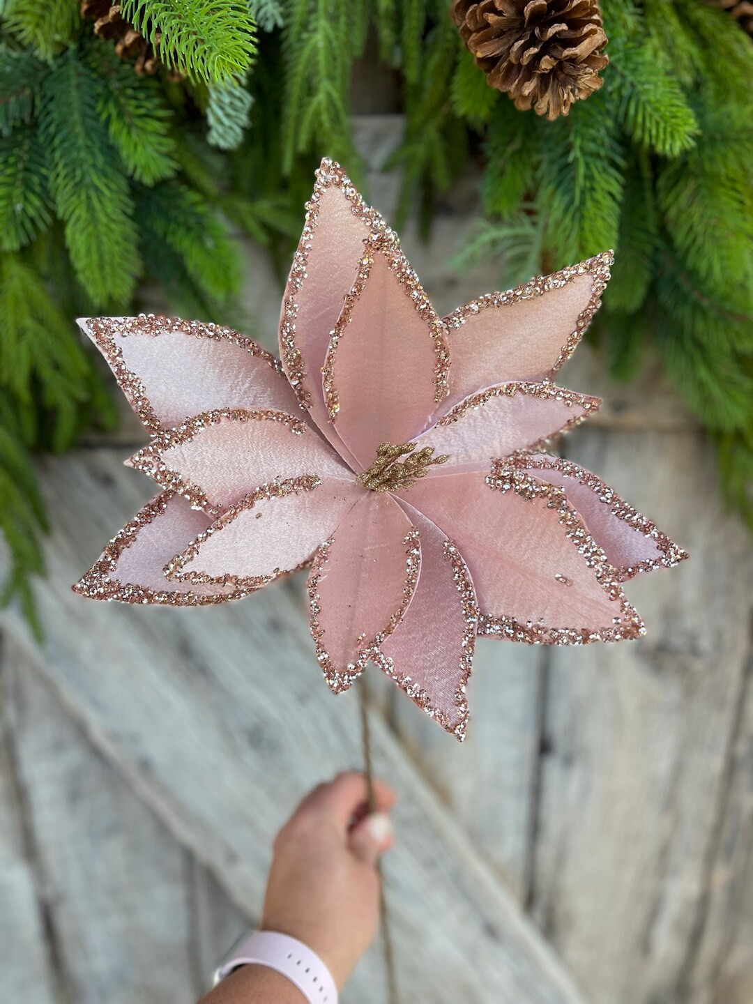 24" Pink Metallic Pink Poinsettia Stem, Pink Christmas Poinsettia, Pink Christmas, Pinkmas Decor,... | Etsy (US)