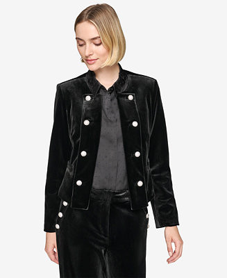 KARL LAGERFELD PARIS Women's Collarless Velvet Open-Front Jacket with Embellished Buttons - Macy'... | Macy's