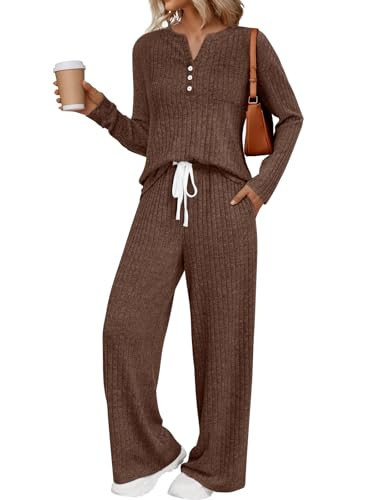 LILLUSORY Womens 2 Piece Lounge Sets Matching Airport Travel Outfits 2026 Spring Clothing Fall Pajamas Sweat Suits Pockets Chocolate Brown S | Amazon (US)