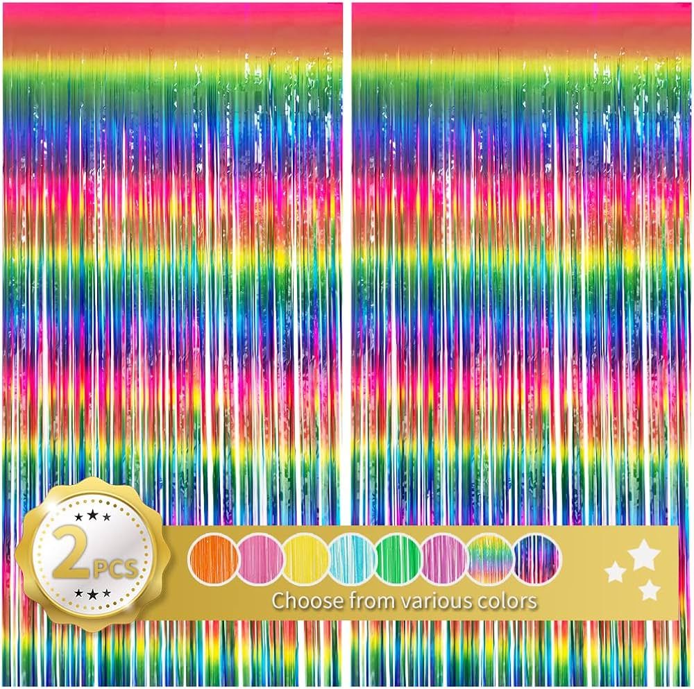 BEISHIDA 2 Pack Dark Rainbow Colorful Foil Fringe Curtain, Assort Color Tinsel Metallic Curtains ... | Amazon (US)