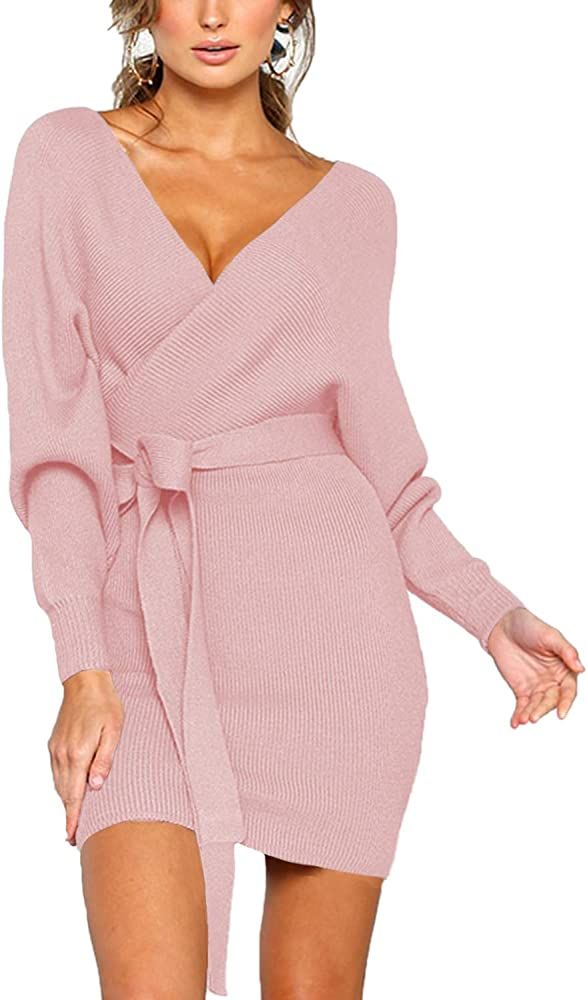 Women's Sexy Cocktail Batwing Long Sleeve Backless Mock Wrap Knit Sweater Mini Dress | Amazon (US)