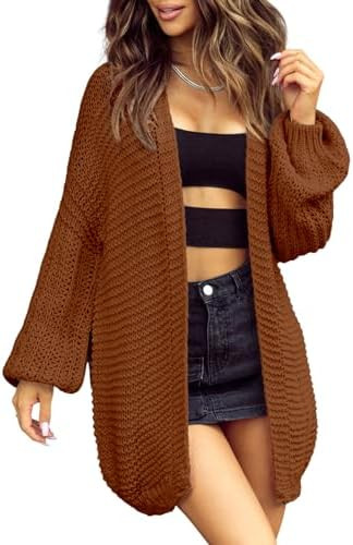 Women 2023 Fall Winter Open Front Oversized Lantern Sleeve Cardigan Outwear Chunky Knit Sweater | Amazon (US)