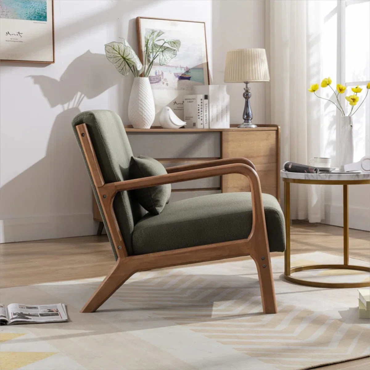 Hertford 26" Wide Mid Century Upholstered Solid Wood Accent Chair with an Extra Pillow | Wayfair North America