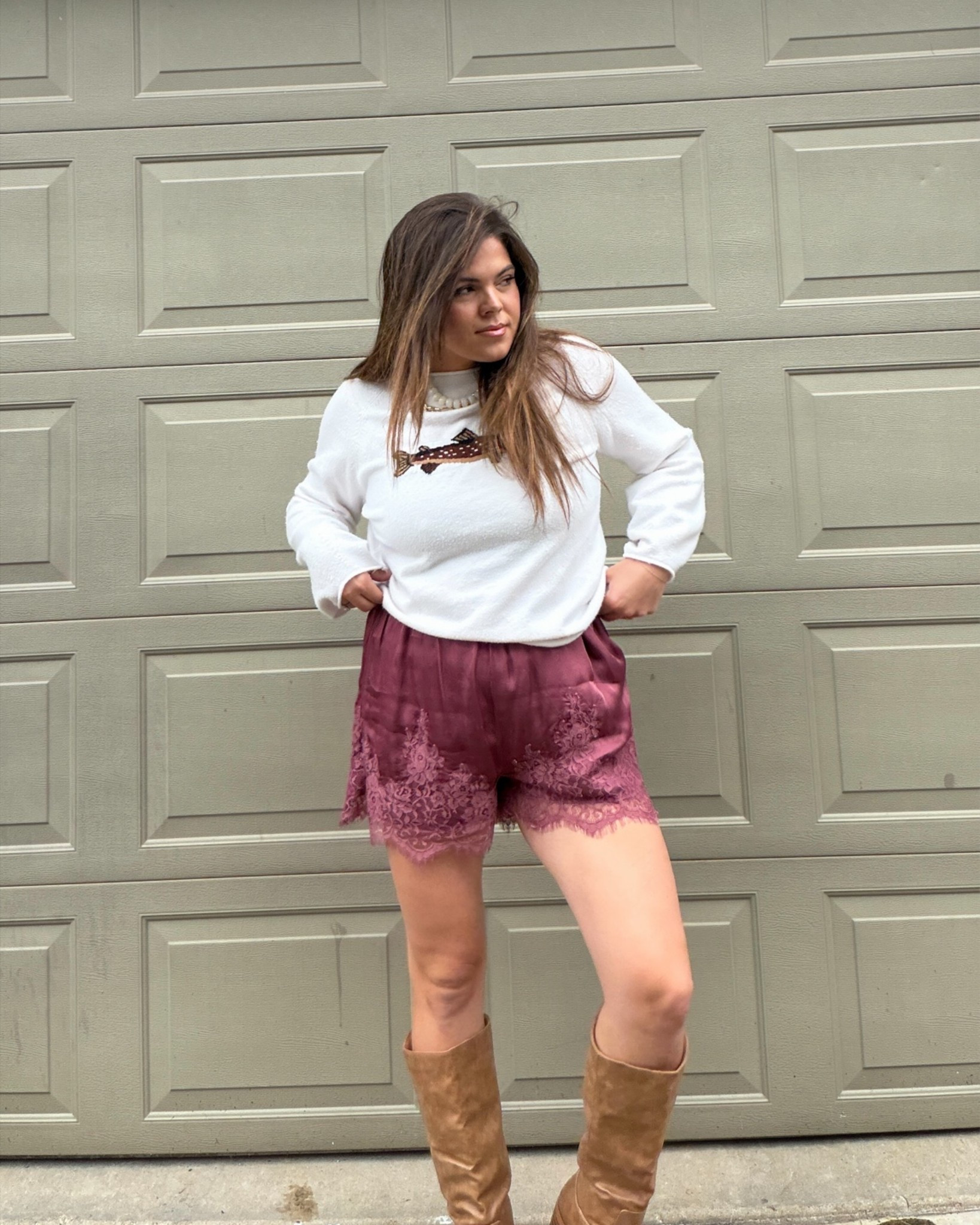 Fall outfit for a little lunch date. We’ve been craving huhot so went while Lane is out of the house (he has celiac and we weren’t sure how safe it would be) 

Fish sweater (so so soft) from amazon size large 
Lace shorts from @Anthropologie  size large (could size down)
Boots from Amazon true to size (wearing 10) look like Frye boots 🤭 
Follow @hiericasuckow for more! 

Midsize, size 12, size 14, mom style, curvy outfit, thick tummy approved

#LTKgrwm #LTKmomlife #LTKootd

L