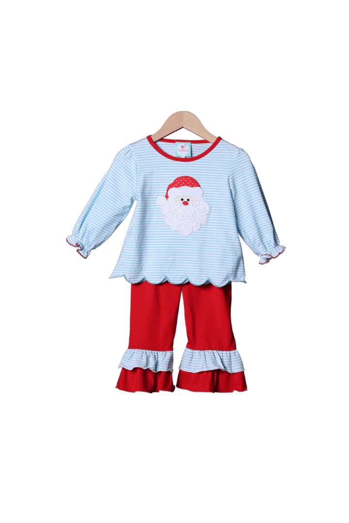 Applique Santa Blue Stripe/Red Scalloped Pant Set | The Smocked Flamingo