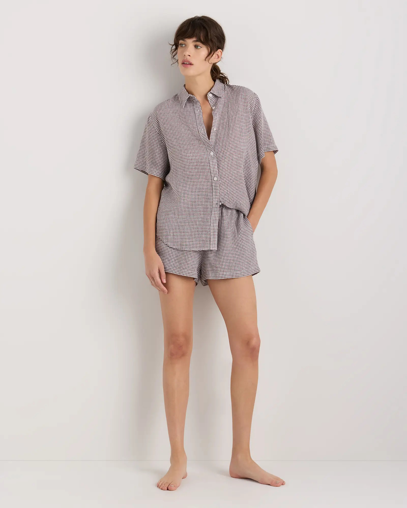 100% European Linen Shorts Pajama Set in Taupe Brown Gingham | Quince