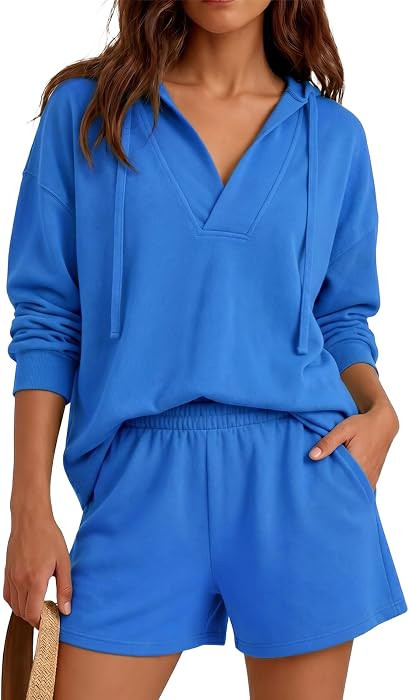 Fisoew Womens 2 Piece Lounge Matching Sets Hoodies and Shorts Sweatsuits | Amazon (US)
