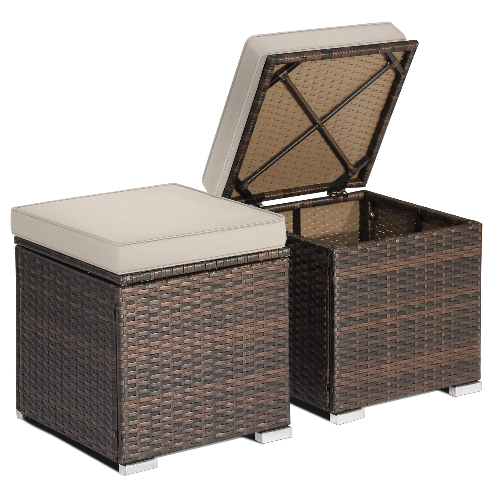 Topbuy 2 Pieces Patio Ottoman Multipurpose Outdoor Wicker Footstool Storage Box Side Table w/ Sol... | Walmart (US)