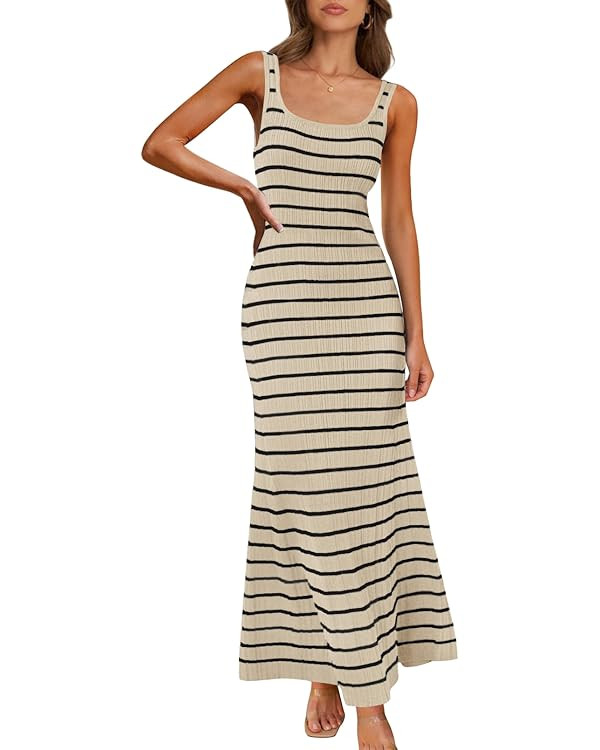 MEROKEETY Women's Sleeveless Striped Bodycon Maxi Dress Square Neck Ribbed Knitted Tank Sweater D... | Amazon (US)