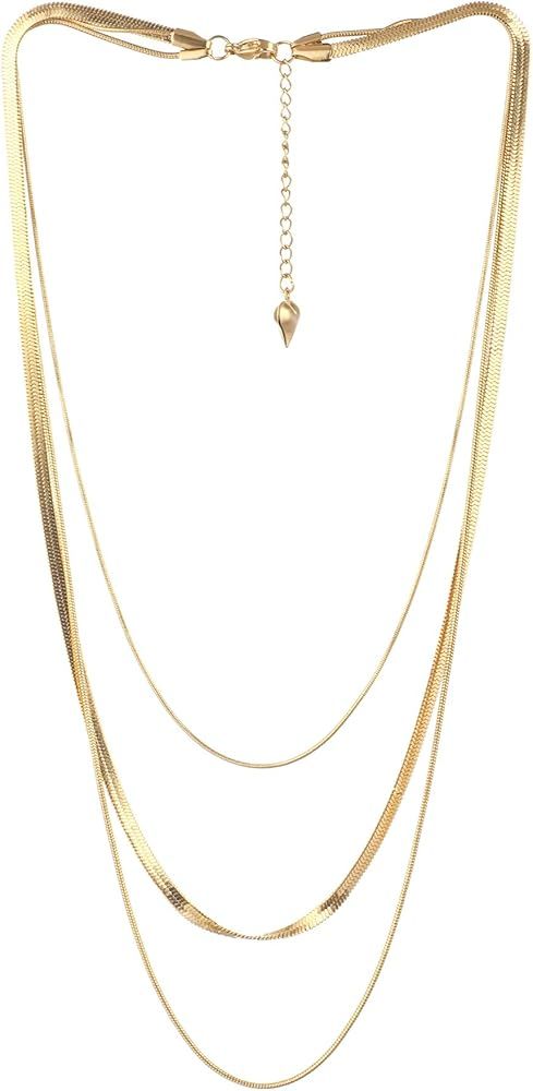 Léwind Herringbone Chain Layered Necklace,14 Gold Plated Dainty Chain Necklace, Layering Long Choker | Amazon (US)