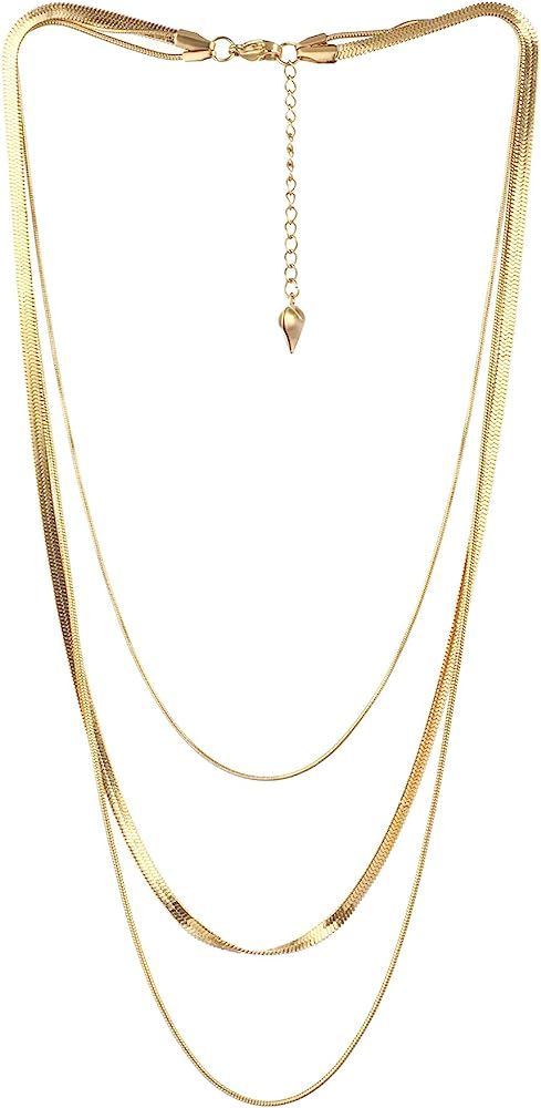 Léwind Herringbone Chain Layered Necklace,14 Gold Plated Dainty Chain Necklace, Layering Long Choker | Amazon (US)