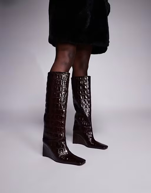 ASOS DESIGN Clarissa premium leather wedge pull on boots with chisel toe in burgundy croc emboss | ASOS (Global)