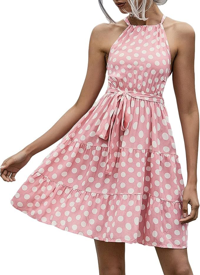 Womens Polka Dot Floral Print Mini Dress Halter Neck A Line Sleeveless Belt Summer Beach Short Dr... | Amazon (US)